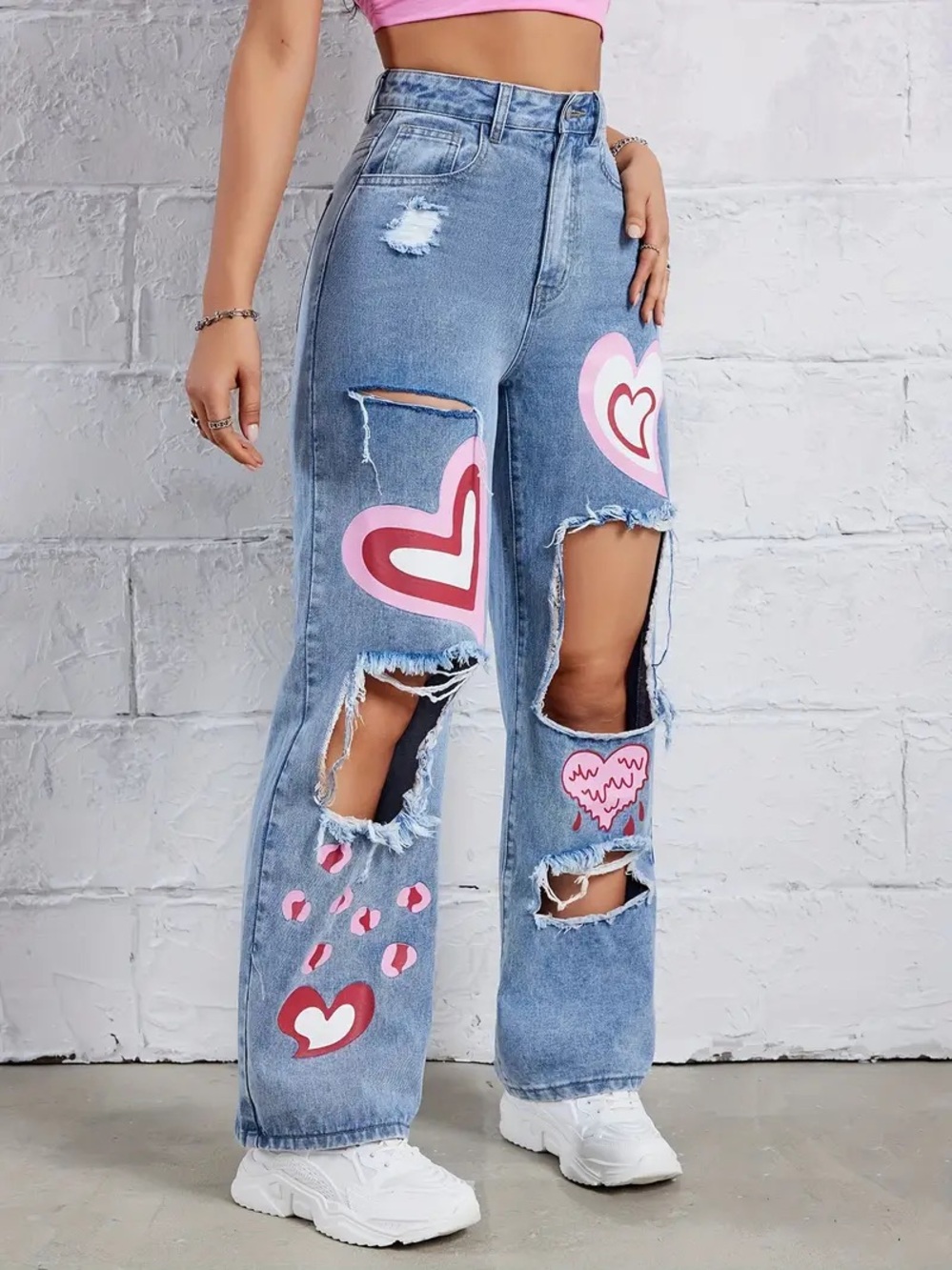 SHEIN Blue Denim Heart Logo Distressed High Rise Jeans Women’s Size L (10-12)